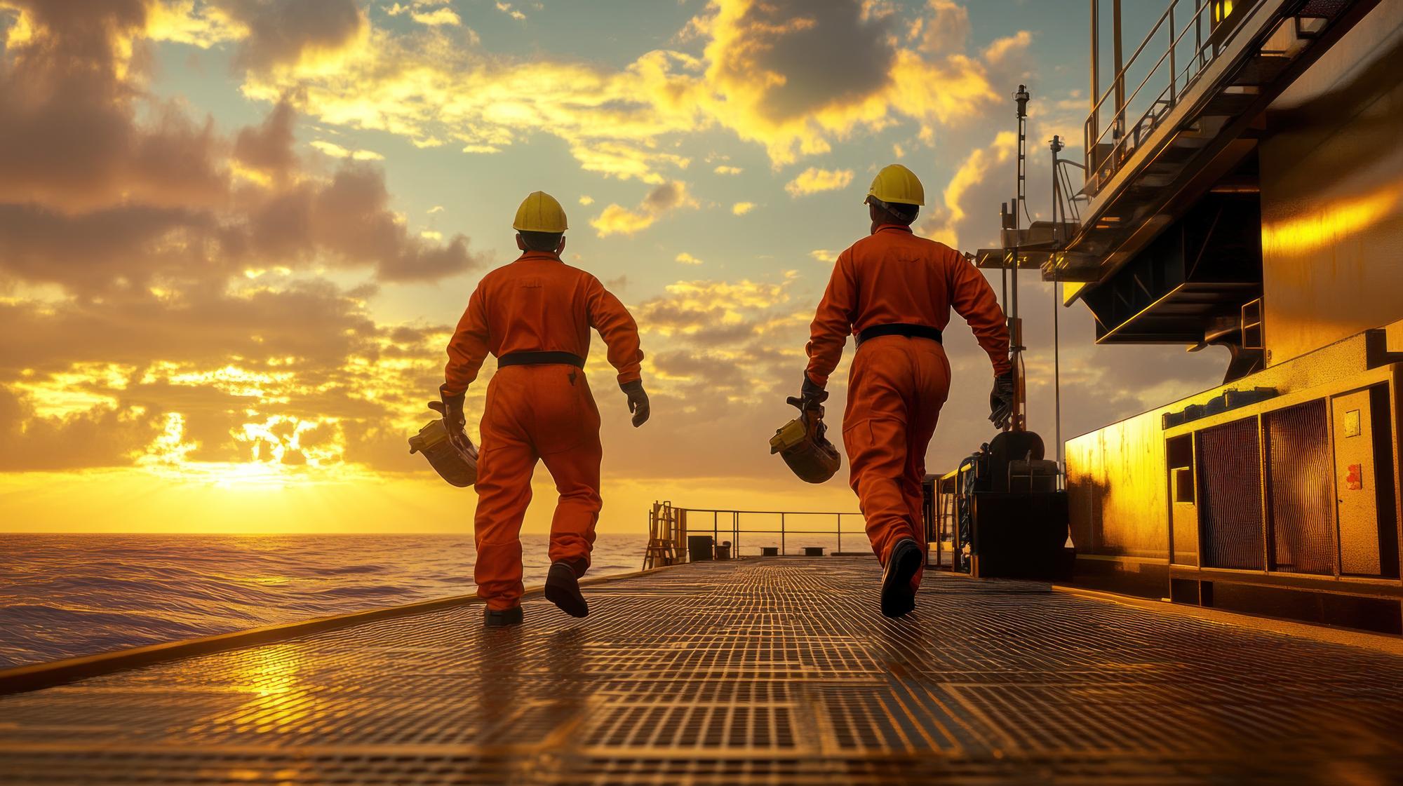 Offshore rig walkway with workers in safety gear