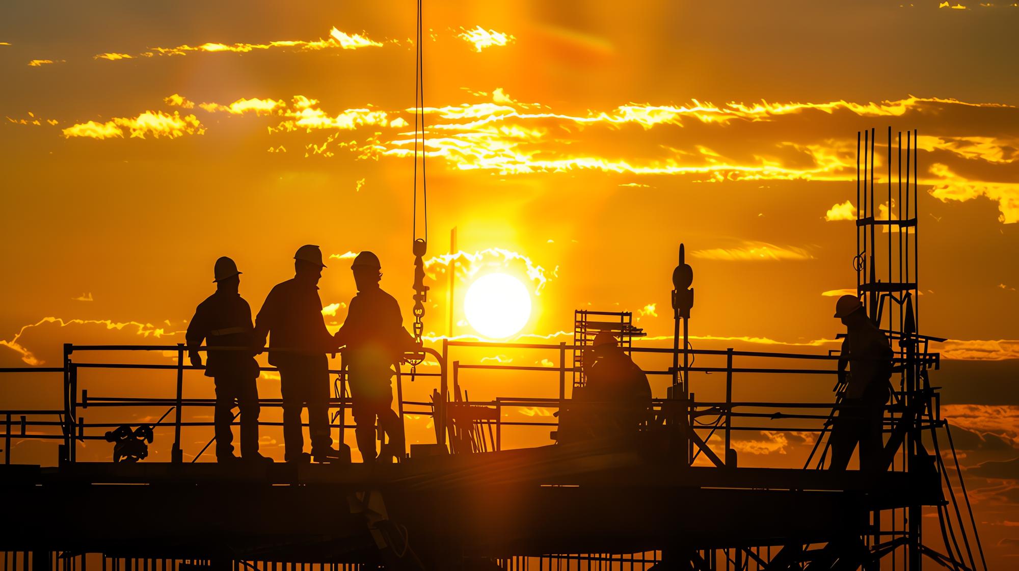 Crew on an offshore oil rig at sunrise
